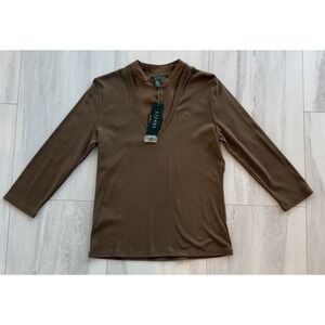 Ralph Lauren Women Brown V Neck W/ Mock Linen Top 3/4 Sleeve Sz S Beautiful NWT